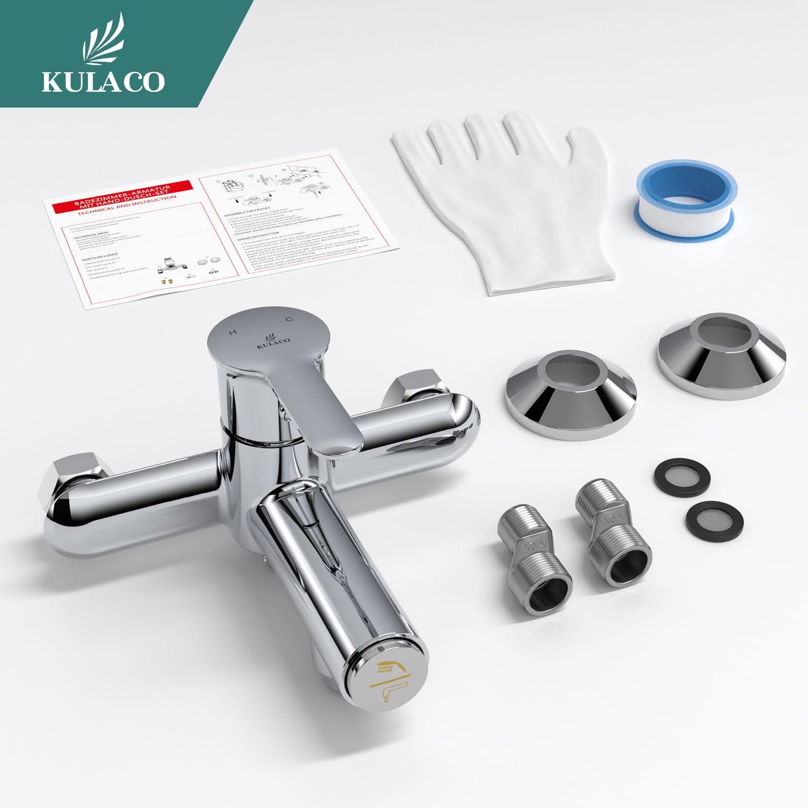 KULACO Rubinetto per vasca da bagno, Rubinetto per vasca da bagno con interruttore a pressione, Rubinetto in ottone per il montaggio a parete, Miscelatore monocomando cromato per doccia per bagno