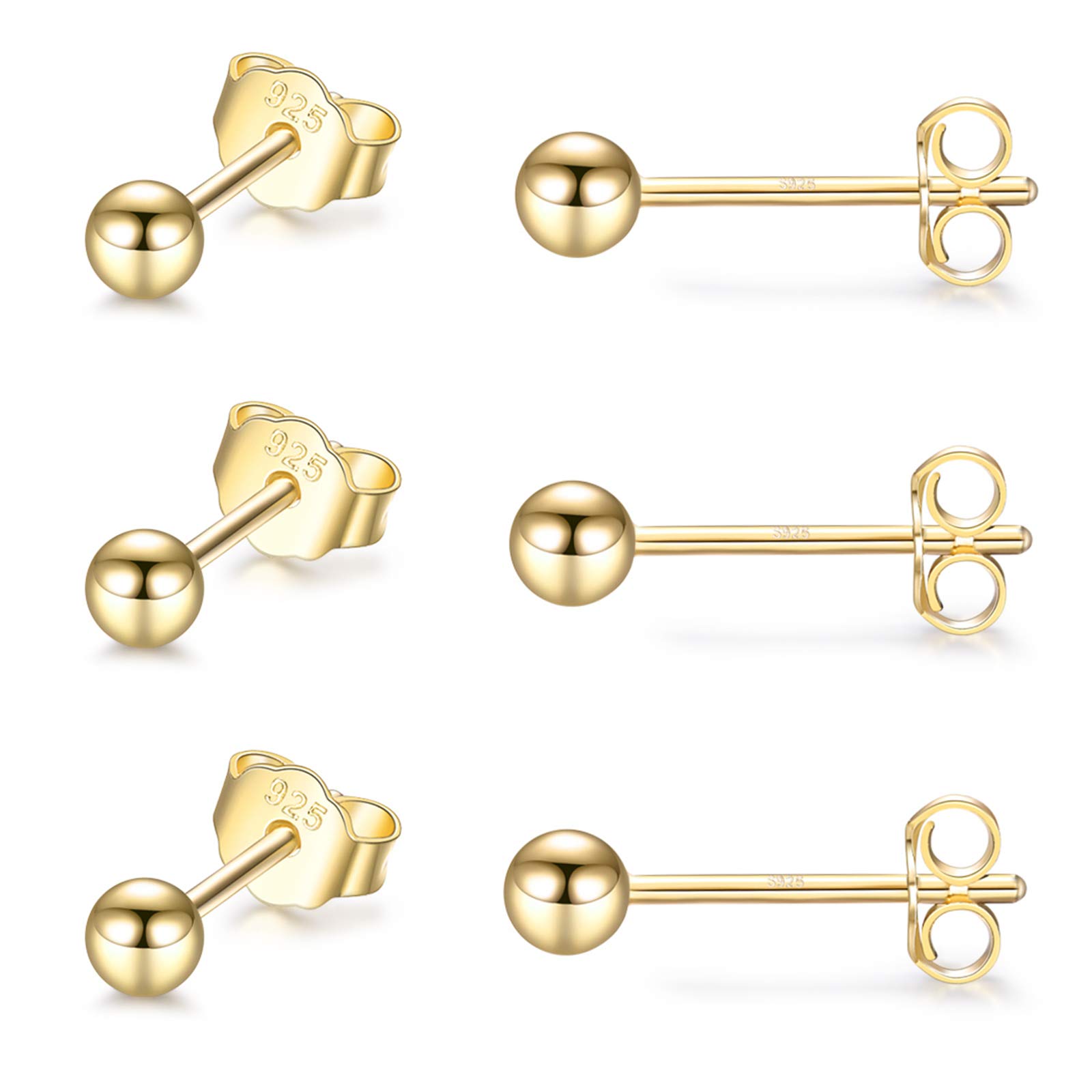 EPIRORA Sterling Silver Stud Earrings for Women Men- 3 Pairs 3mm Tiny Ball Stud Earrings Round CZ Earrings Pearl Earrings Set Cartilage Small Tragus