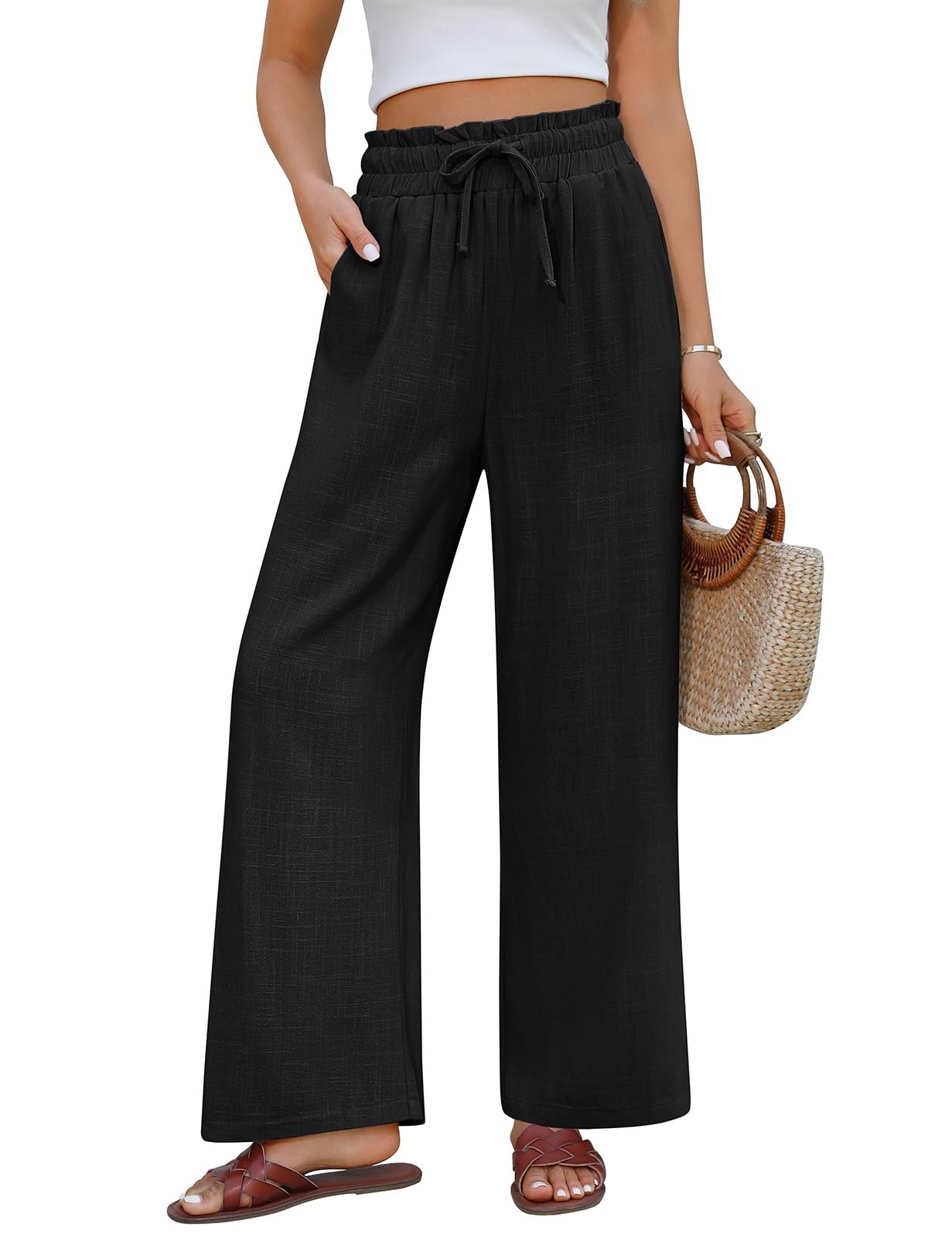 UMIPUBO Pantalon Lin Femme Été Coton Fluide Large Elegant Décontracté Pantalon Taille Haute Élastique avec Cordon Léger Jogging Pants de Plage avec Poches