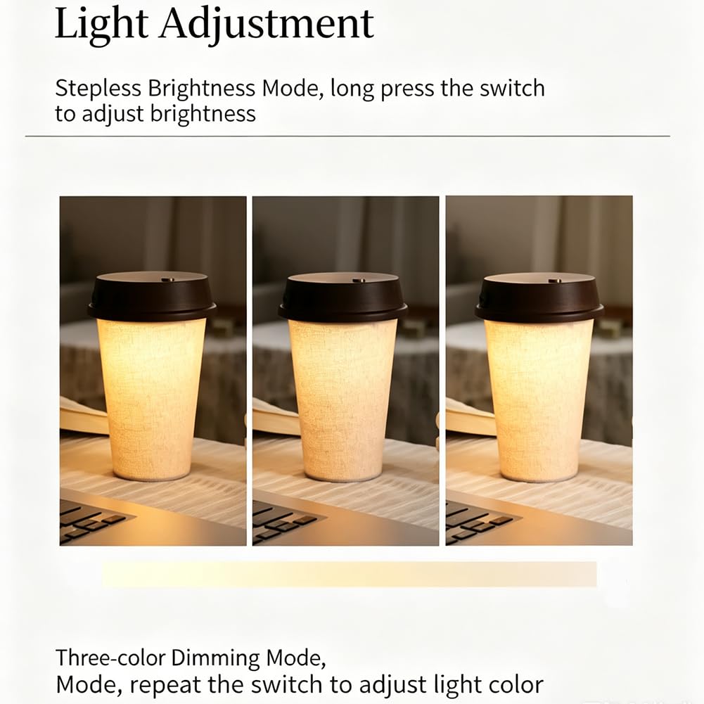 Kaffeetasse Nachttischlampe mit Touch Schalter Dimmbar Kabellos Tischlampe Holz + Stoff Lampenschirm Nachtlicht Kaffeetassen Dekorative Lampe Batterie Beleuchtung Innen Cafélampe