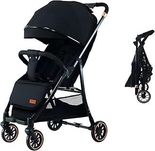 هوتس يو ايه اي عربة اطفال قابلة للطي سفر بعمر 0 3 سنوات مع سلة تخزين اربع عجلات بنقرة واحدة يمكن الجلوس او الاستلقاء حزام امان من 5 نقاط اسود مولود