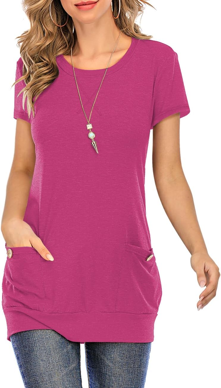 Miskely Womens Short/Long Sleeve Round Neck Casual Slim Tunic Tops With Button Pockets Color Block T Shirt