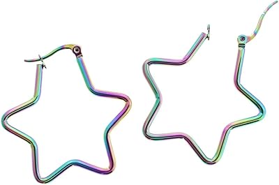Star Hoop Earrings - Rainbow Electroplated Stainless Steel - Lever Back 36mm - 2 Pieces 1 Pair - Z156