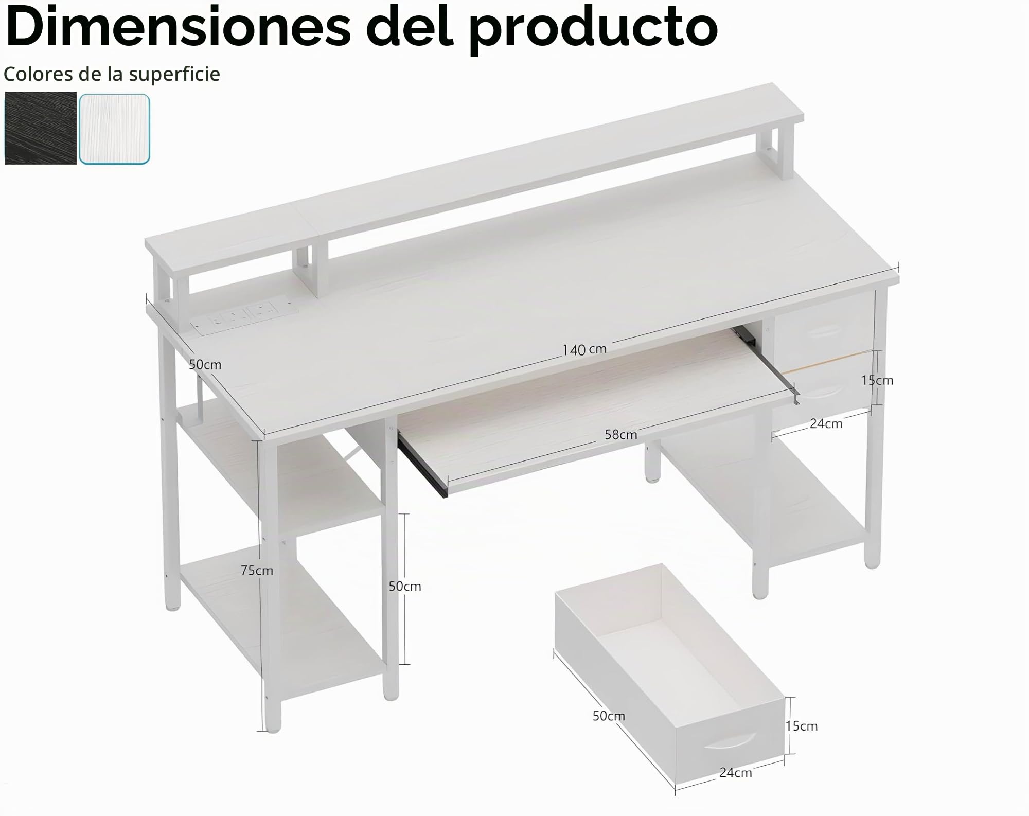 Escritorio con 2 cajones, Estante Lateral Ajustable en Altura, Soporte Monitor, Enchufe y Bandeja Teclado, Escritorio Gaming para Home Office, Oficina y salón,140x50cm, Blanco