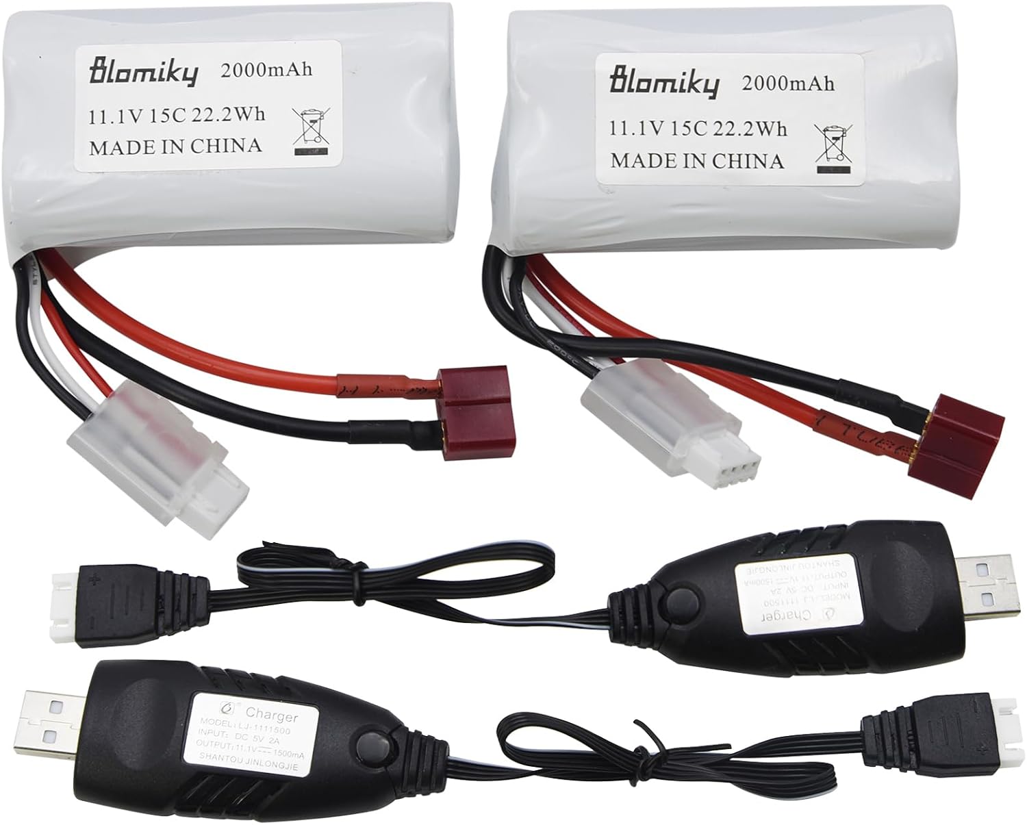 Blomiky 2 Pack T Plug 11.1V 3S 15C 2000mAh 22.2Wh Lithium-ion Battery and USB Cable Suitable for 2104 and R608 RC Boat / R608 Battery 2