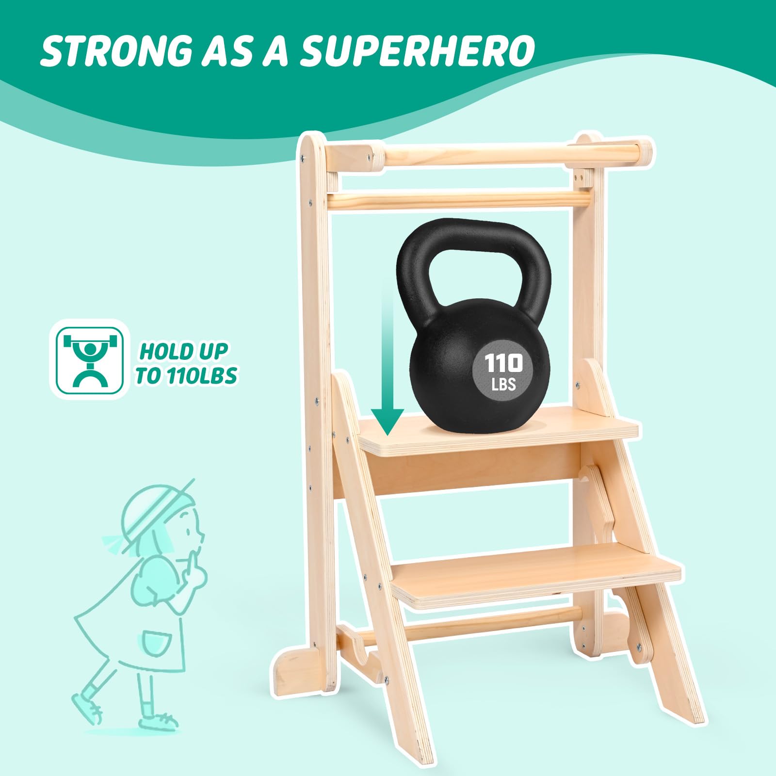 Lernturm ab 1 Jahr, Montessori Lernturm klappbar mit 2-facher Höhenverstellung, Holz Learning Tower Bis 50 kg Belastbar, Toddler Tower Sicherer Tritthocker mit Kippschutz