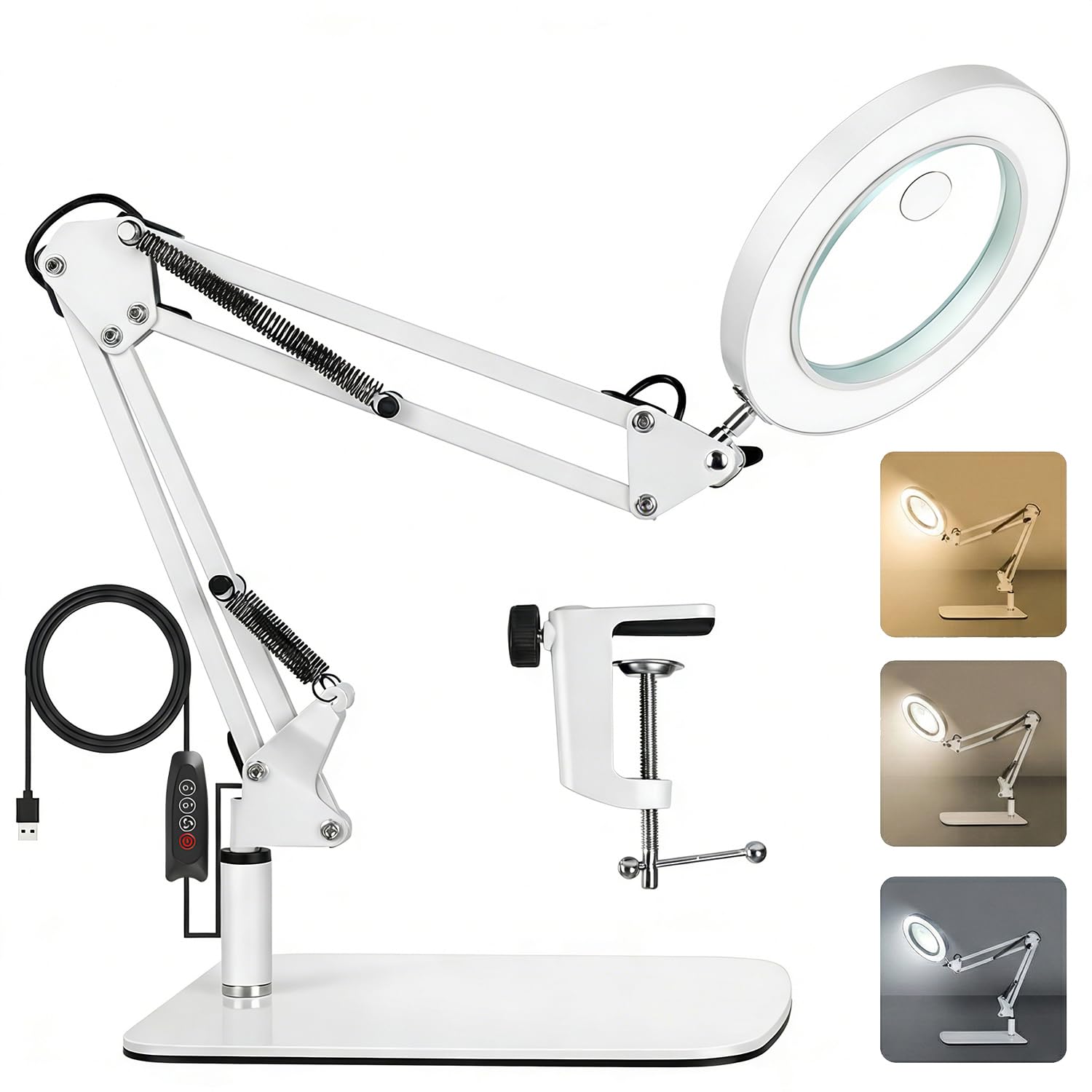 Loupe 15x 10x avec lumière et support, lampe de bureau grossissante 2 en 1 avec pince et base, 3 modes de couleur à intensité variable avec bras oscillant, lumière loupe lumineuse LED pour lecture