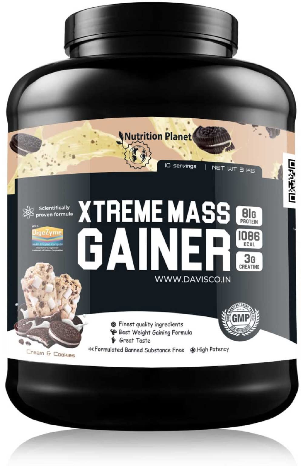 Nutrition Planet Xtreme Mass Gainer (With Added DigeZyme) for Post Workout Recovery (Cookies and Cream - 3Kg, 10 Servings)