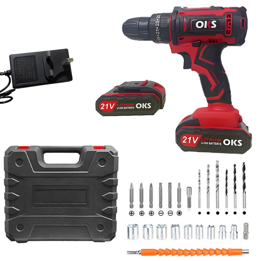 Red Sports Flyfree Cordless Drill Driver, 21V Electric Hammer Drill Screwdriver Kit With 25+1 Torque, 2 Speed With 2 Batteries 2.0Ah, Led Light For Home And Garden Diy Project (Red)