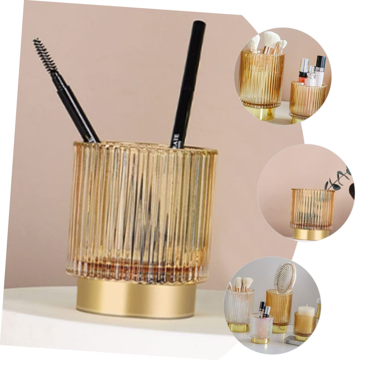 Boîte à Pinceaux de Maquillage en Verre Épaissi, Bord Doré