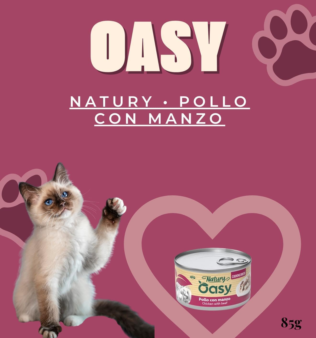 Oasy Húmedo Gato Natury Cooking Broth Sabor Pollo con Carne de Res Suave Filete Natural en caldo de cocción para gatos adultos de todos los tamaños y razas | 12 latas de 85 gramos cada una.