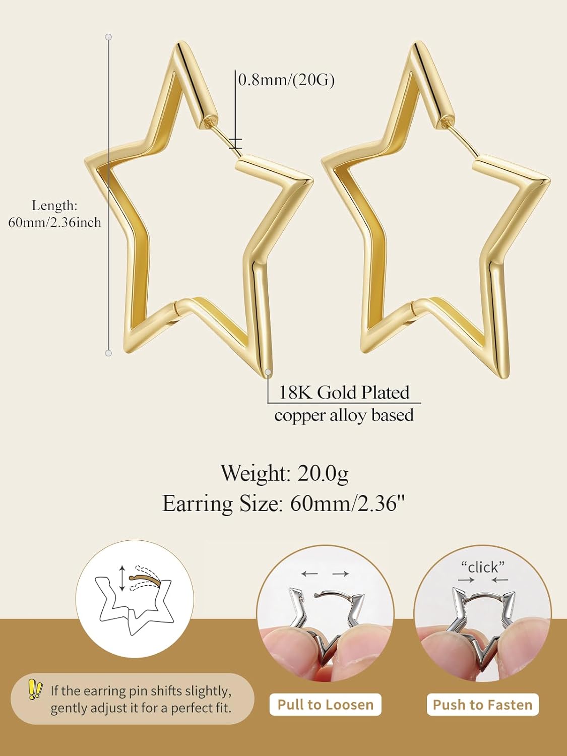 FindChic Star Earrings for Women, Silver/Black/Gold Plated Plated Star Hoop Earrings, 20/30/40/50/60mm Huggie Hoops, Lightweight Funky Cute Jewelry Gift for Her, with Gift Box
