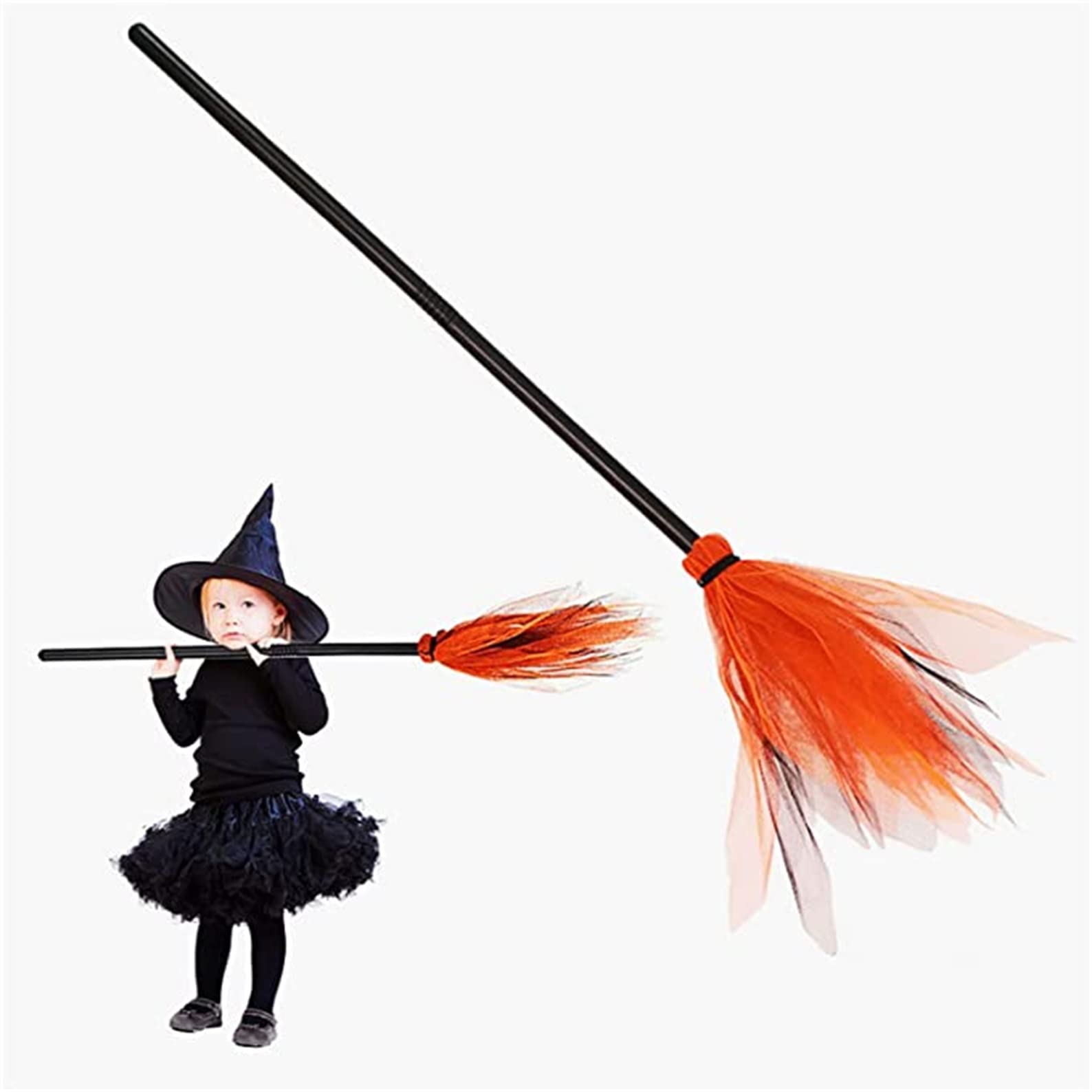 Halloween Witch Broom, Witch Cosplay Costume Party Decoration Broom Props, Halloween Masquerade Kids Show Broom Set Haunted House Decoration (Orange)