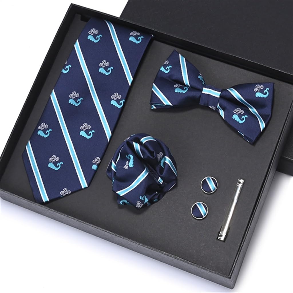 Lapel Tie, 7-Piece Gift Box Set,Bow Tie, Pocket Square, Cufflinks, Men's Gift Box(D)