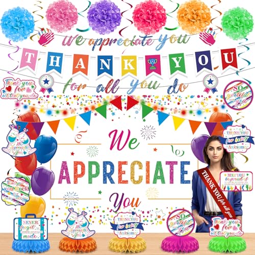 Image of We Appreciate You Decorations Colorful Thank You for All You Do Banner Honeycomb Centerpieces Hanging Swirls Employee Staff Appreciation Gifts Pastor Teacher Doctor Retirement Appreciation Party Decor
