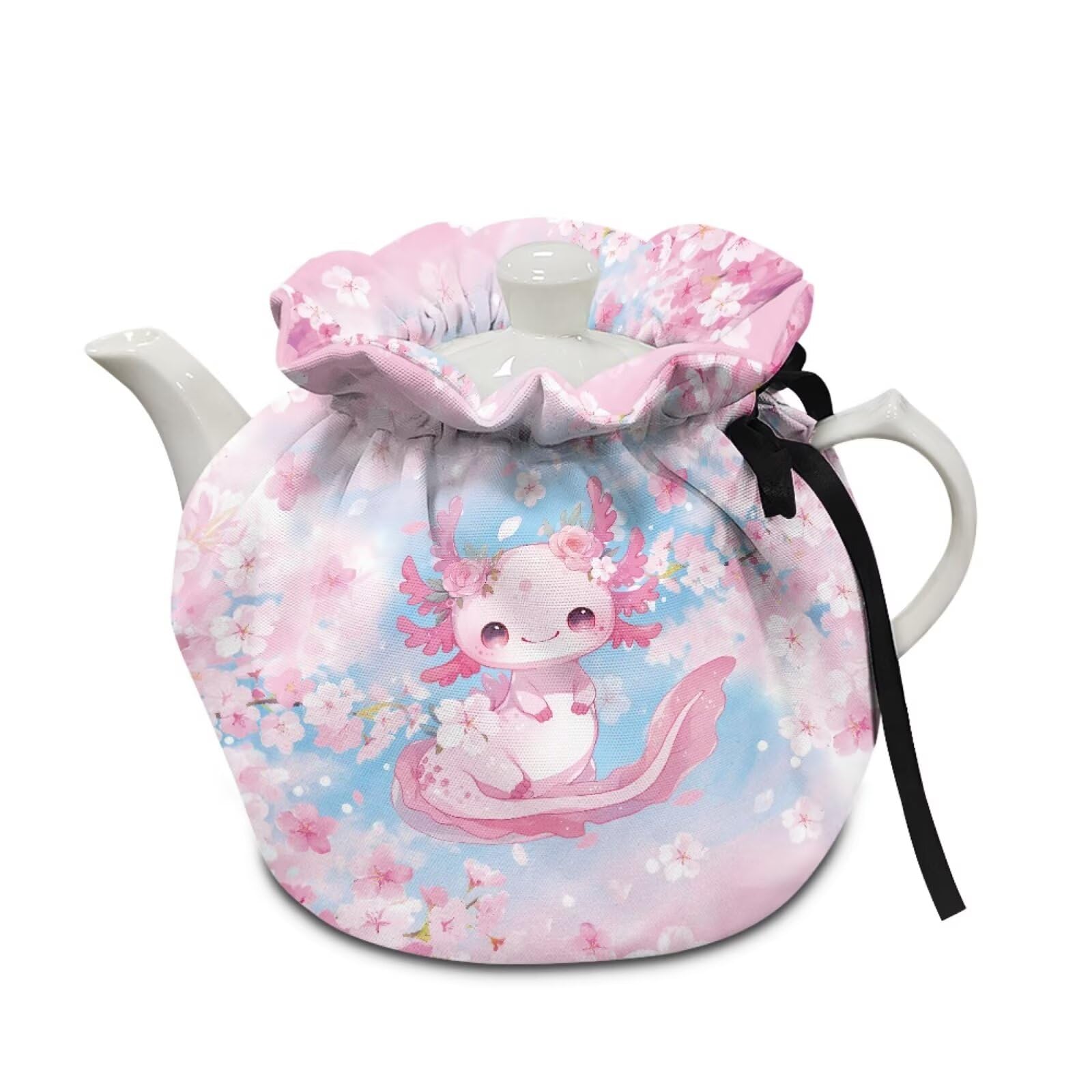 Cute Axolotl Print Tea Pot Cover Cherry Blossom Print Tea Cozy Insulation Teapot Portability Drawstring Soft Teapot Case Washable Breakfast Pot Cove Personalized Design Gifts