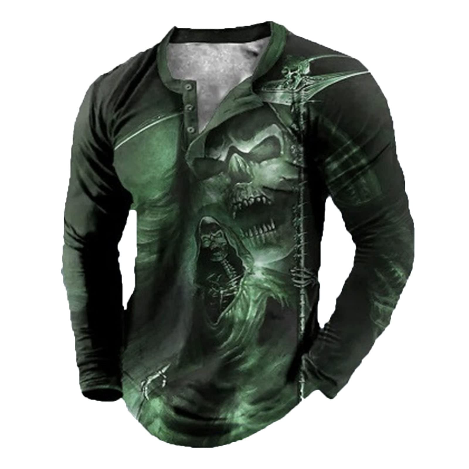 Keephen Men's # 4 Skull Graphic Print T-Shirt Retro V-Neck Long Sleeve Henley Shirts Gothic Button Down Vintage Tops