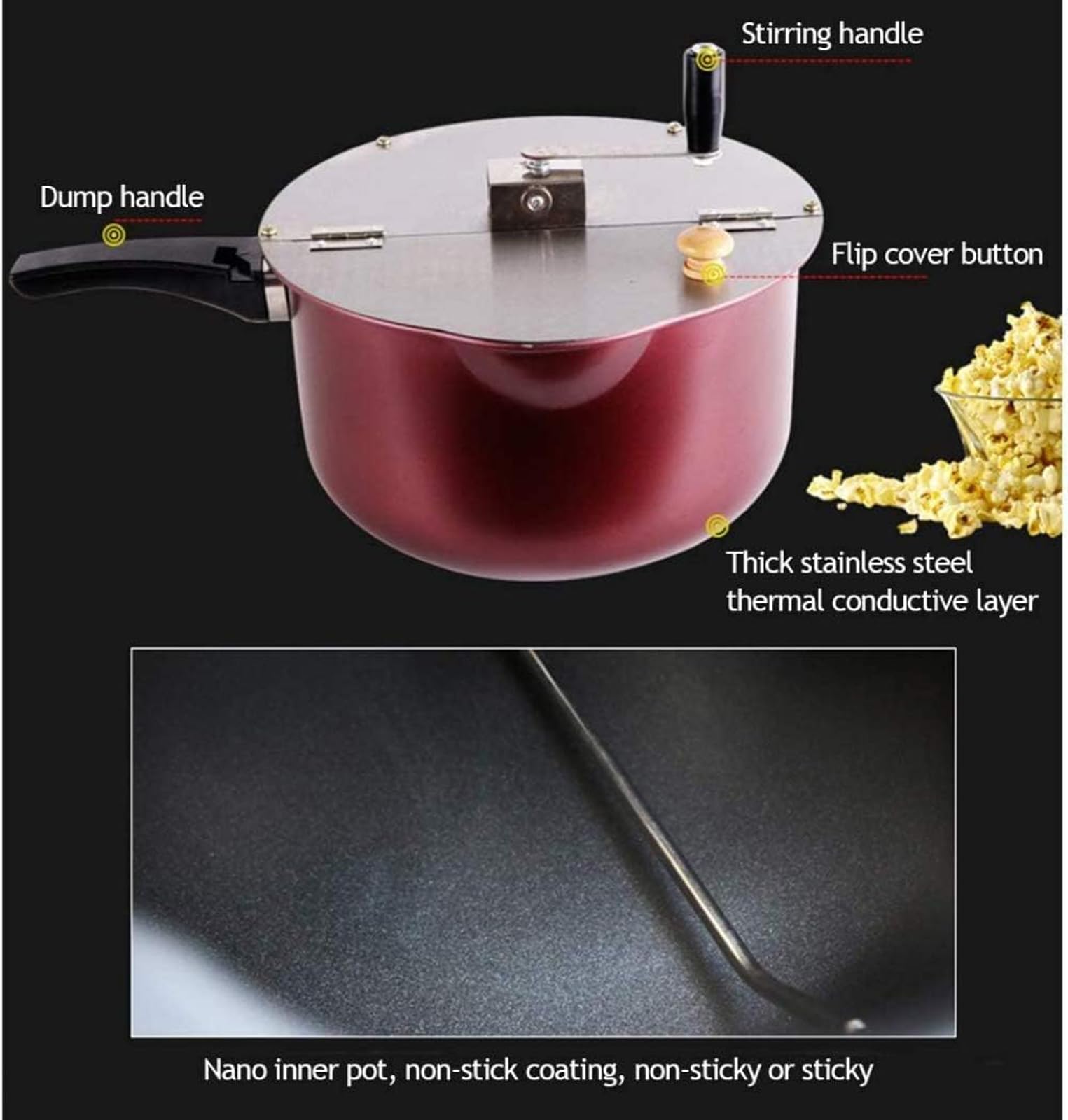 Máquina Manual para Hacer Palomitas De Maíz, Olla para Palomitas De Maíz Antiadherente con Mango Antiescaldado, Utilizada En Cines, Universal para Cocina De Inducción De Gas