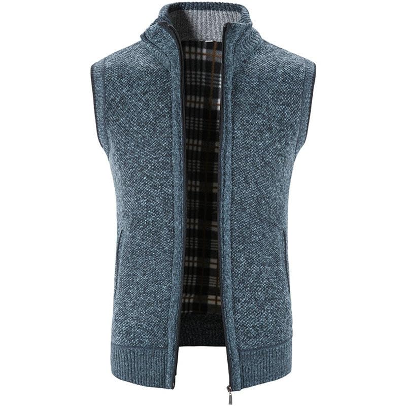 Men's Spring Autumn Korean Style Plush Lined Thickened Solid Color Stand Collar Outerwear Knit Vest2