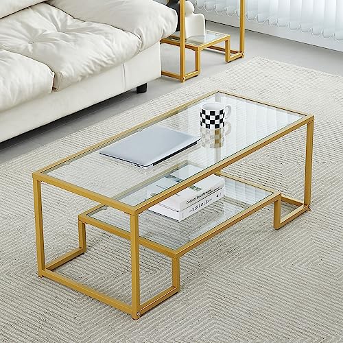 Golden Metal Glass Coffee Table - Two-Tiered with Tempered Glass Stylish Metal Frame Coffee Table for Bedroom Dining Room Office Room.