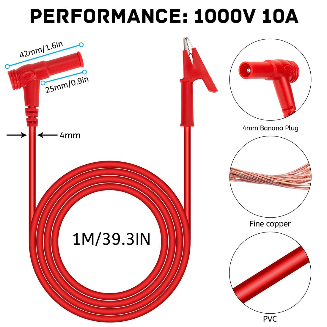 Multimetr przewody pomiarowe, zestaw 4 mm, wtyczka bananowa do zacisku krokodylkowego, kabel testowy, końcówki pomiarowe, zestaw do testowania cyfrowego multimetru (2 szt.)