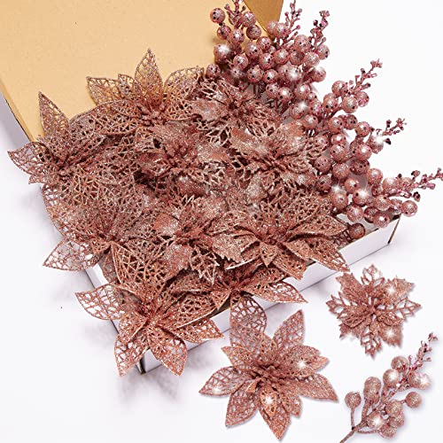 22Pcs Christmas Poinsettia Artificial Flowers and Glitter Berries Stems Kit, 16Pcs Glitter Christmas Tree Flowers Ornaments and 6 Pack Christmas Tree Picks for Wedding Holiday Decorations(rosegold) by Zhuqing - Used condition - CA$10.29