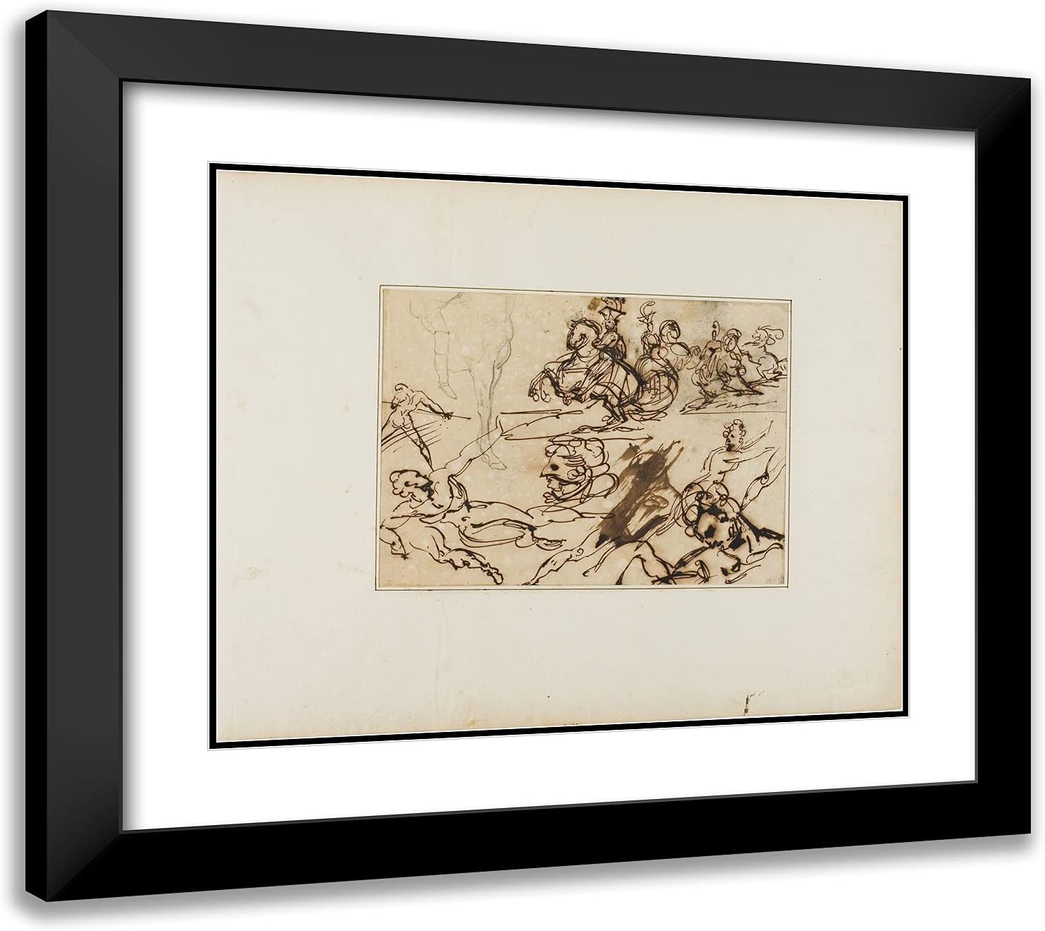 ArtDirect Theodore Gericault 22x20 Black Modern Framed and Double Matted Art Print Titled Sheet of Sketches: Lancers, Struggling Nudes, Other Subjects