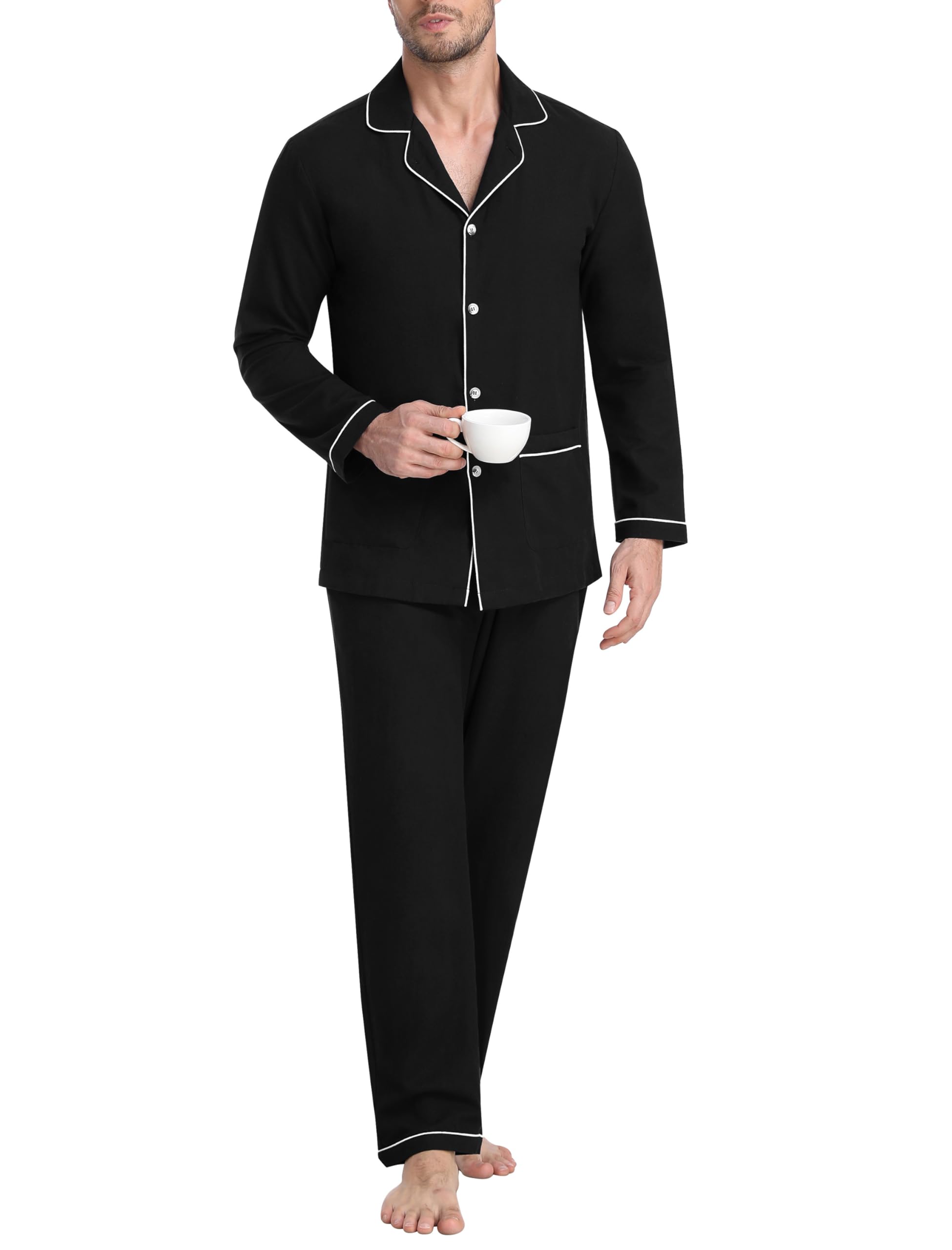 MoFiz Pigiama Uomo Cotone Lungo Invernale Pigiama da Notte con Bottoni Maniche Lunghe Pigiami Due Pezzi Camicia Pigiama e Pantaloni con Tasche Morbidi e Confortevoli