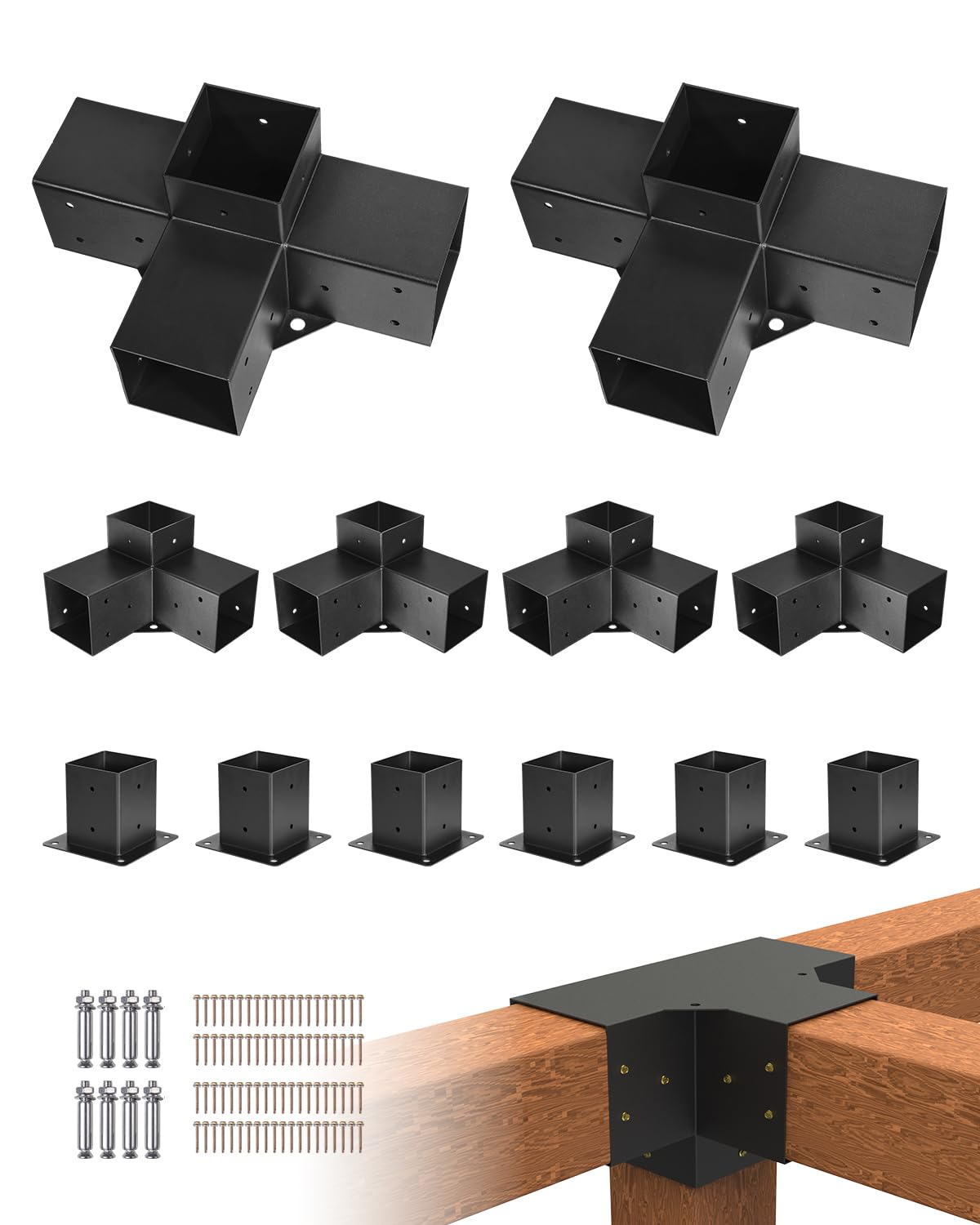 VEVOR Kit Support de Pergola, Lot de 12, Support de Poteau Bois 92x92 mm, Supports d'angle à 3 Voies, à 4 Voies, 6 Bases de Poteaux, pour Poutres Bois Standard à Toit Plat, Banquet Fête en Plein Air