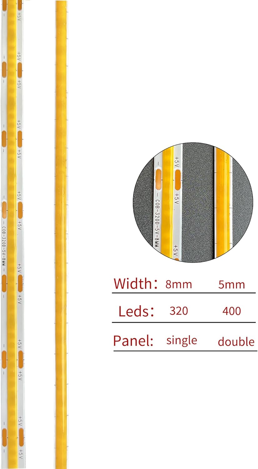 5V 5mm Width USB COB LED Strip Lights,3.28FT/1M,Natural White 4000K,400LEDs/M,8W/M,CRI90,800lm,Electroplated Double-Sided Panel Light Strip,IP20,for Indoor Decoration