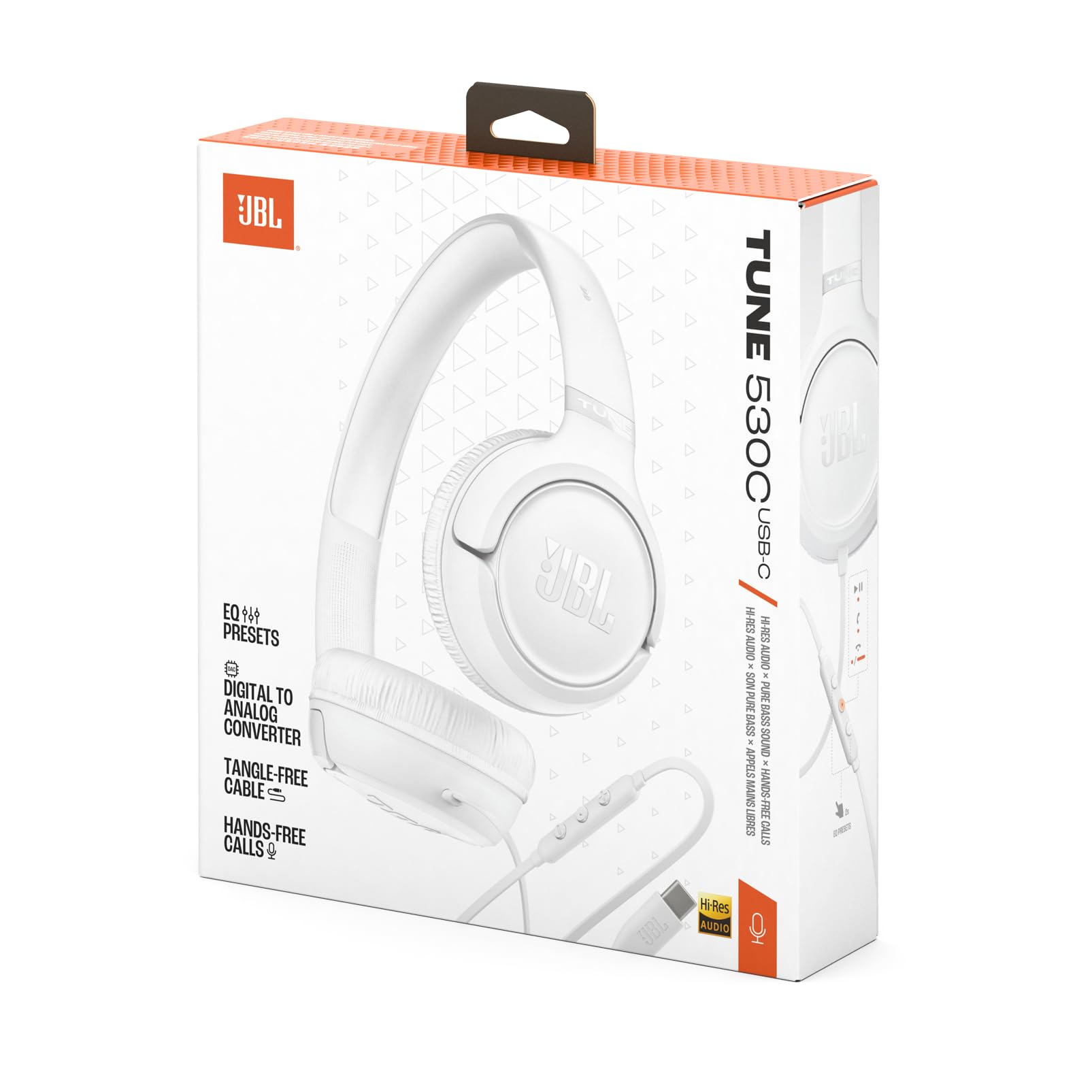 JBL Tune 530 C, Przewodowe Słuchawki Nauszne, Białe | Mikrofonem, Komfortowym Dopasowanie, JBL Pure Bass, Złączem USB-C, Składaną Konstrukcją i Nieplączącym się Kablem