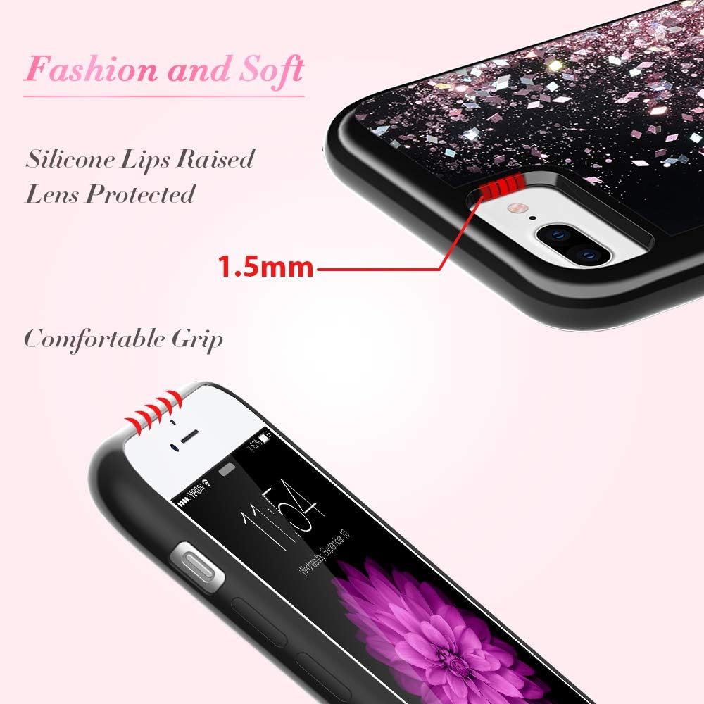 Caka iPhone 8 Plus Case, iPhone 6 Plus 6S Plus 7 Plus Glitter Case for Women Girls Bling Flowing Liquid Sparkle TPU Black Case for iPhone 6 Plus 6S Plus 7 Plus 8 Plus (Rose Gold)
