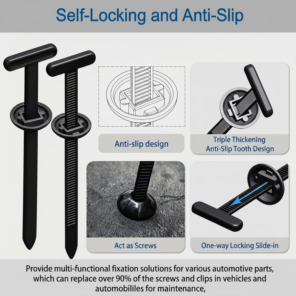 200PCS T-Head Cable Tie Buckle, PA66 Push Pin Clips for Car Repair | Self-locking Triple-Tooth, Anti-Aging, & Tough. Heat and Impact Resistant. For Fender, Bumper, Trunk Liner. Bases Included