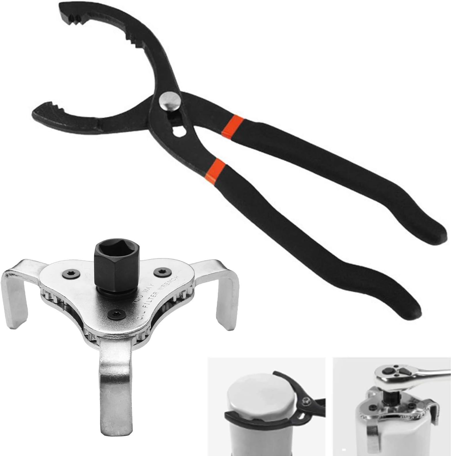 2Pcs Universal 12 Inch Oil Filter Pliers 2-1/2 to 4-1/2 Inch and Adjustable 3 Jaw Oil Filter Wrench 2-1/8 to 4-1/2 Oil Filter Change Removal Tool Set
