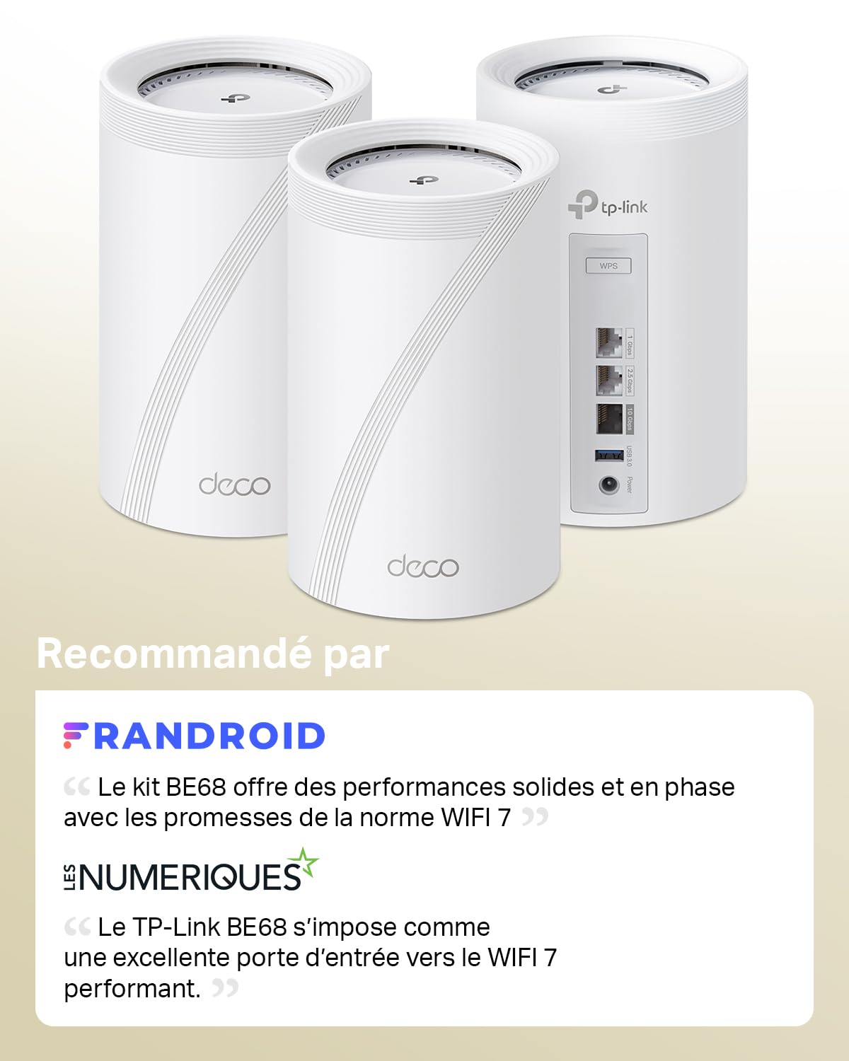 TP-Link Deco BE68 (3-Pack), WiFi 7 Mesh BE14000 tri-Bande, 14 Gbit/s, Port Ethernet jusqu'à 10 Gbit/s, Bande 6 GHz, Couverture jusqu'à 700 m², Compatible avec Toutes Les Box Internet Fibre