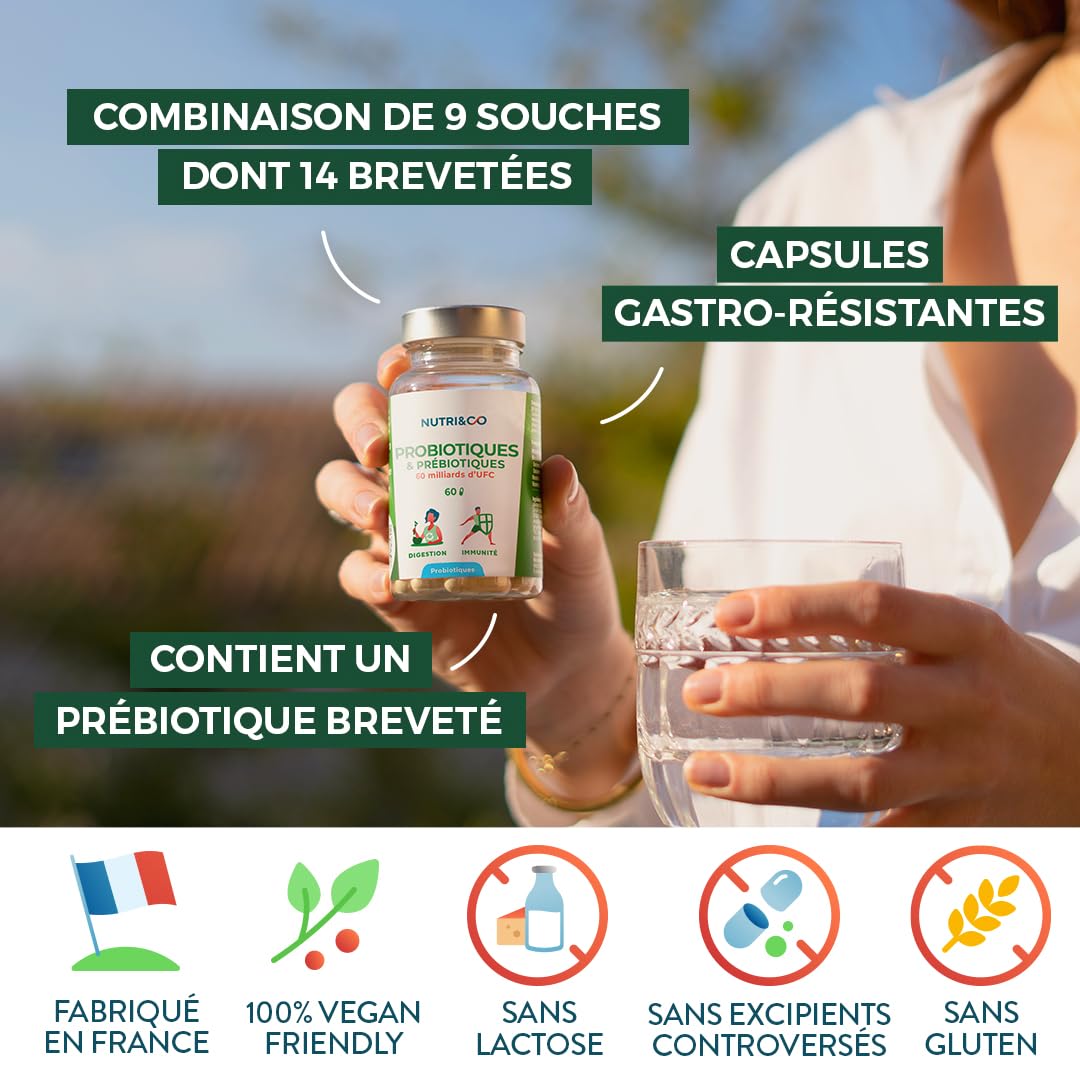 NUTRI & CO Probiotique Flore Intestinale - 60 Milliards UFC/jour - 9 Souches dont 2 Lactobacillus Brevetées - 60 Gélules Gastro-Résistantes aux Enzymes Digestives - Conditionné en France