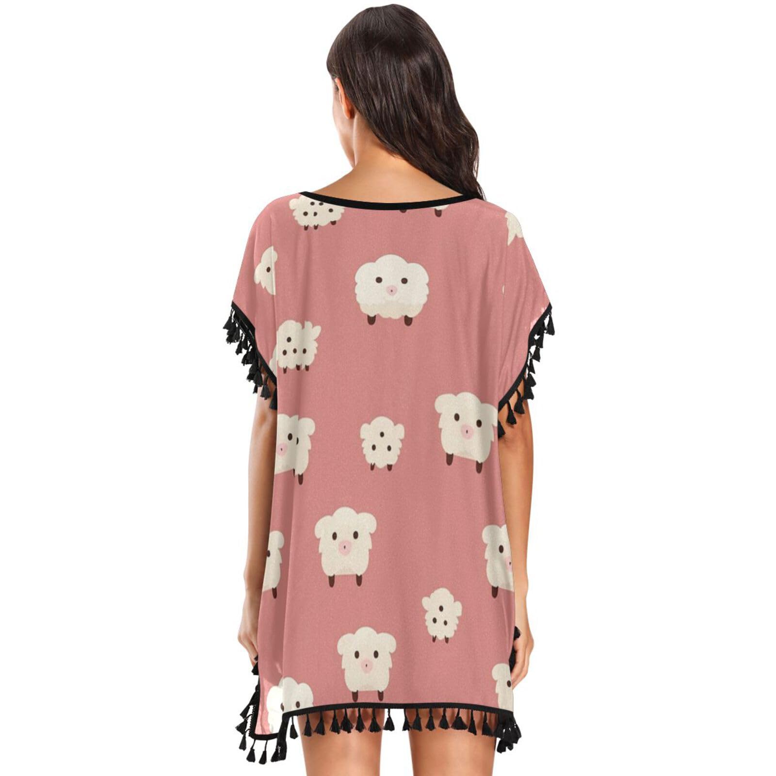 KAAVIYO Repeating Pattern Cute Sheep Women's Beach Cover Up Chiffon Tassel Swimwear Swimsuit Coverups for Girl
