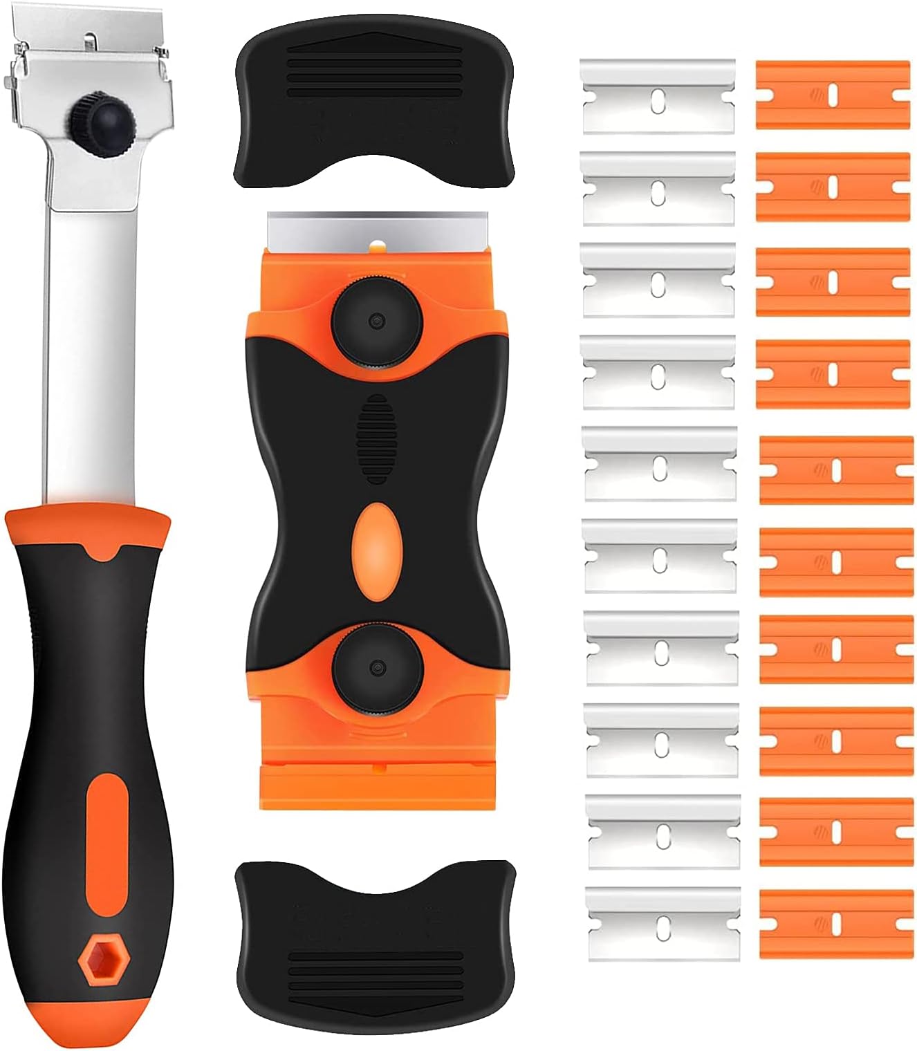 Double Edged Window Scraper, 2Pcs Glass Scraper and Long Handle Scraper with 10 Metal Blades and 10 Plastic Blades for Removing Window Decals Wallpaper Labels(Orange)