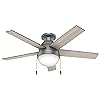 Hunter 59270 Anslee Indoor Low Profile Ceiling Fan with LED Light and Pull Chain Control, 46", Matte Silver Finish