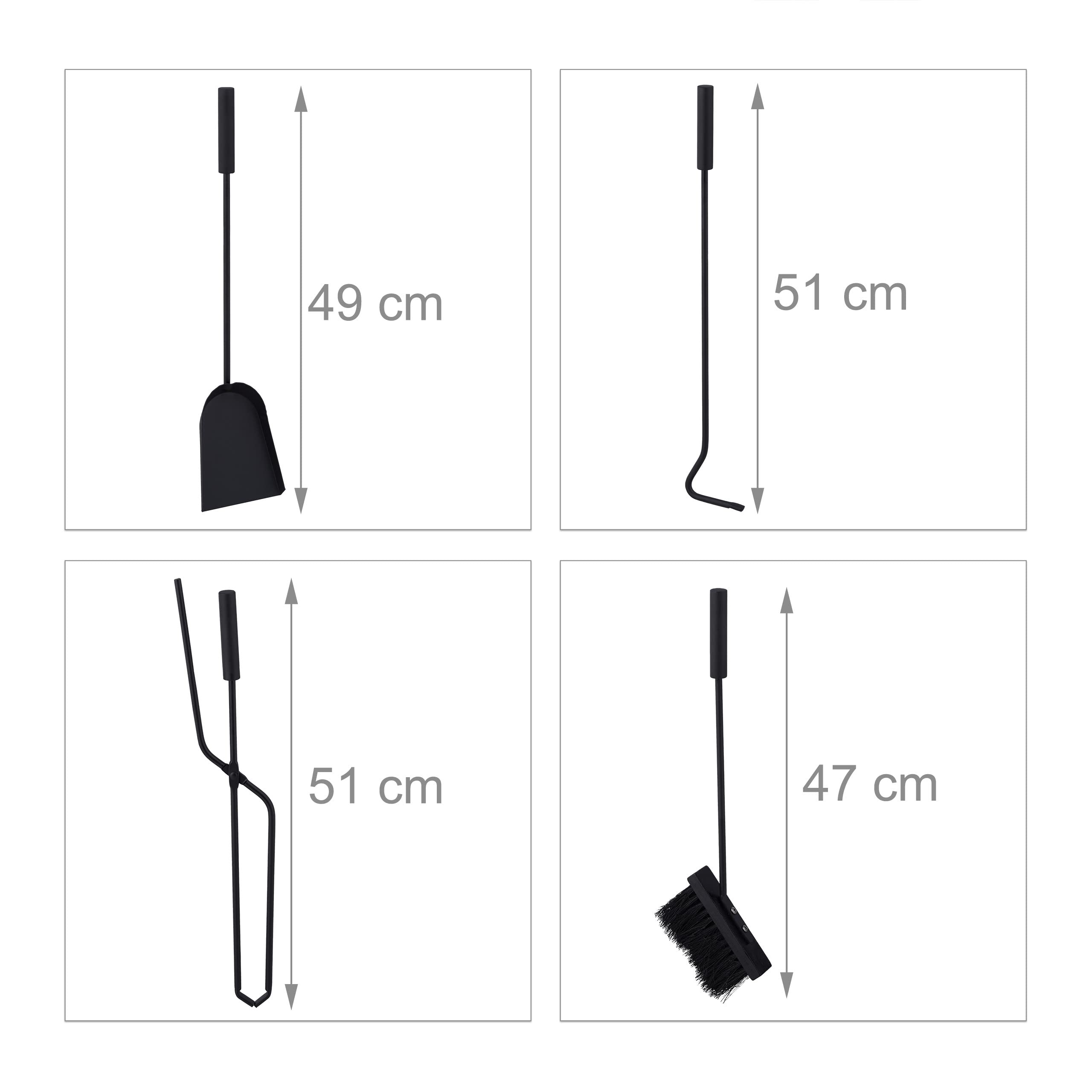 Relaxdays Accesorios Chimenea, Set de 5 Piezas, Atizador, Pala, Escoba, Pinzas y Soporte, Útiles Estufa, Acero, Negro