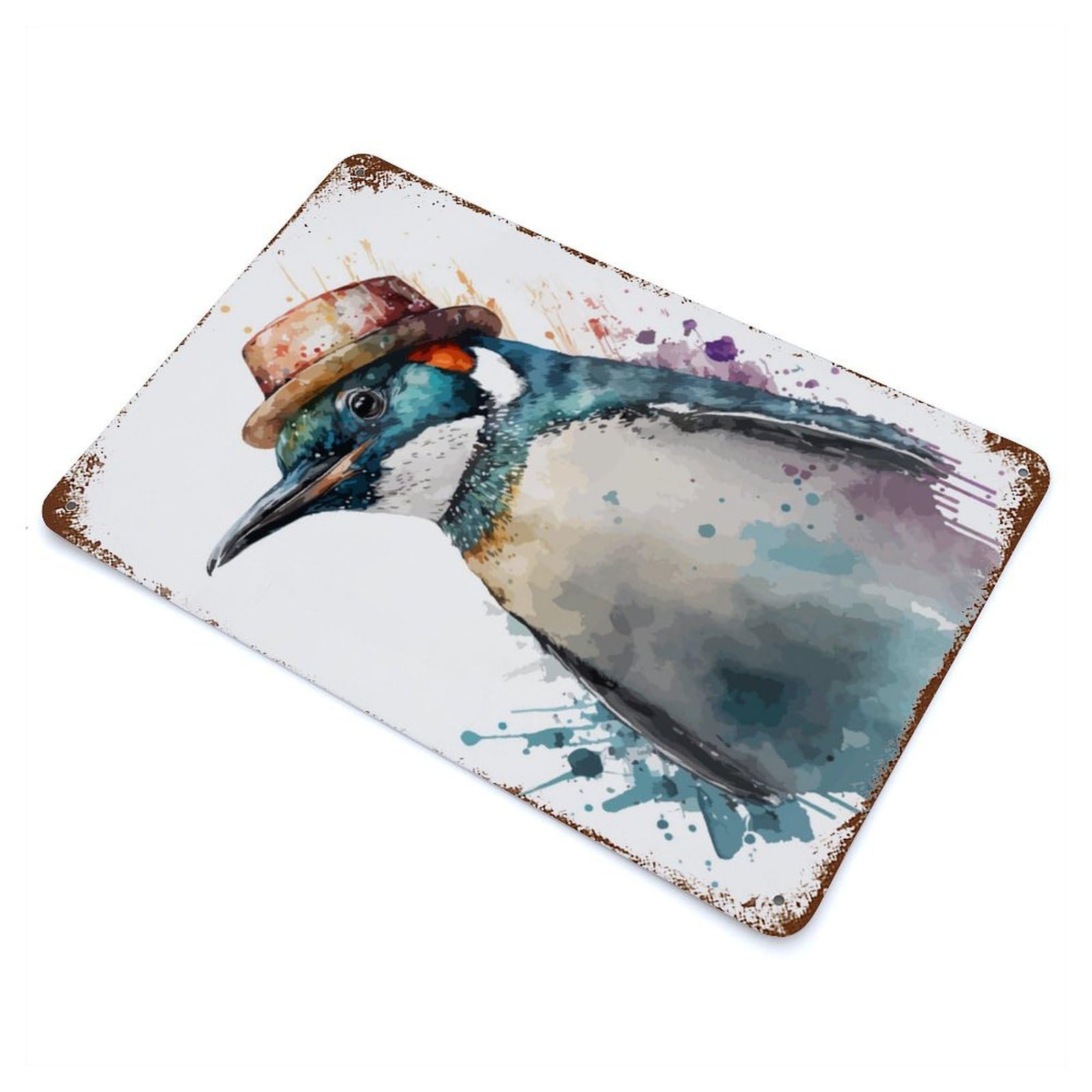 Emperor Penguin Watercolor Aged Metal Wall Plaque 11.8"x7.9", Industrial Home Decor for Pub, Kitchen And Man Cave Decor