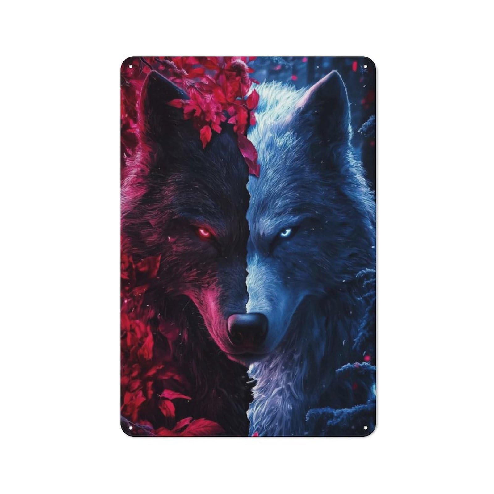 Dual Wolves Red And Blue Retro Metal Plaque 30x20cm for Lounge Or Reading Corner, for Vintage Wall Decor Fans, for Themed Room Decoration
