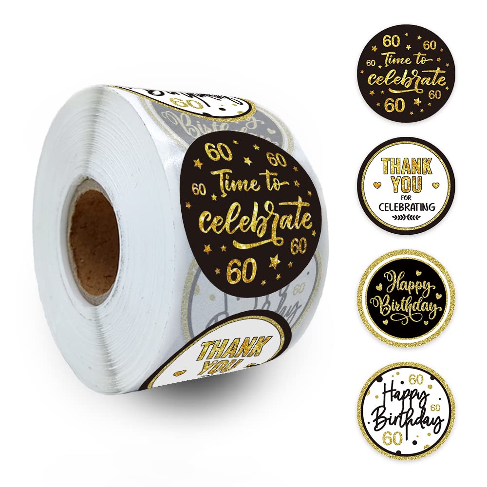 REWIDPARTY 60th Birthday Stickers - Happy Birthday & Thank You Rolls (500 Per Roll)