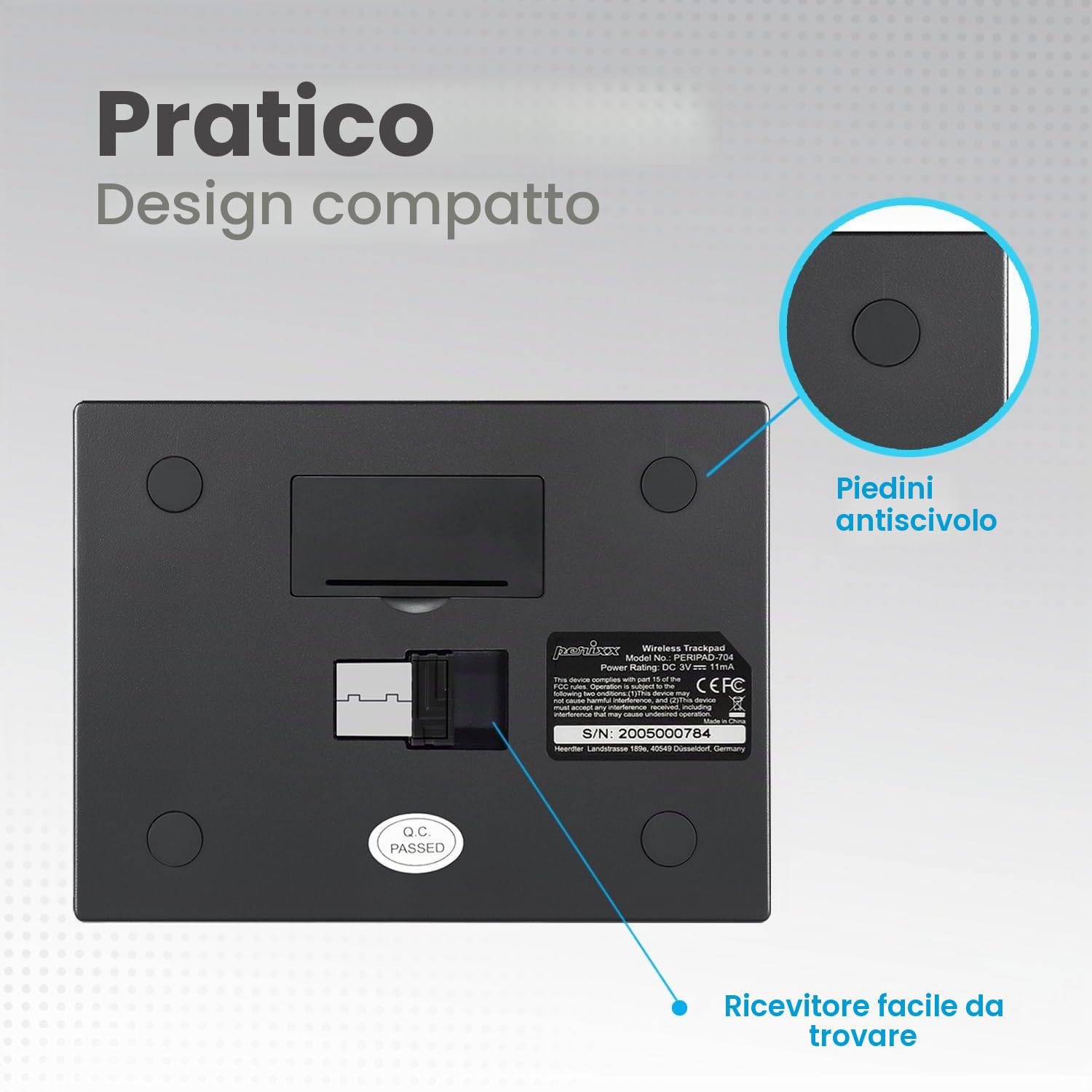 perixx PERIPAD-704 Touchpad wireless, trackpad portatile per utenti desktop e portatili, grandi dimensioni 12 x 9 x 1,9 cm (senza fili), nero