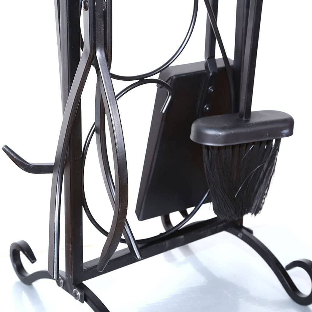 Set di 5 attrezzi per camino, accessori per camino, pinze, attizzatoio, base in metallo, pala e spazzola, adatto per stufe a legna per interni, decorazione in ferro battuto