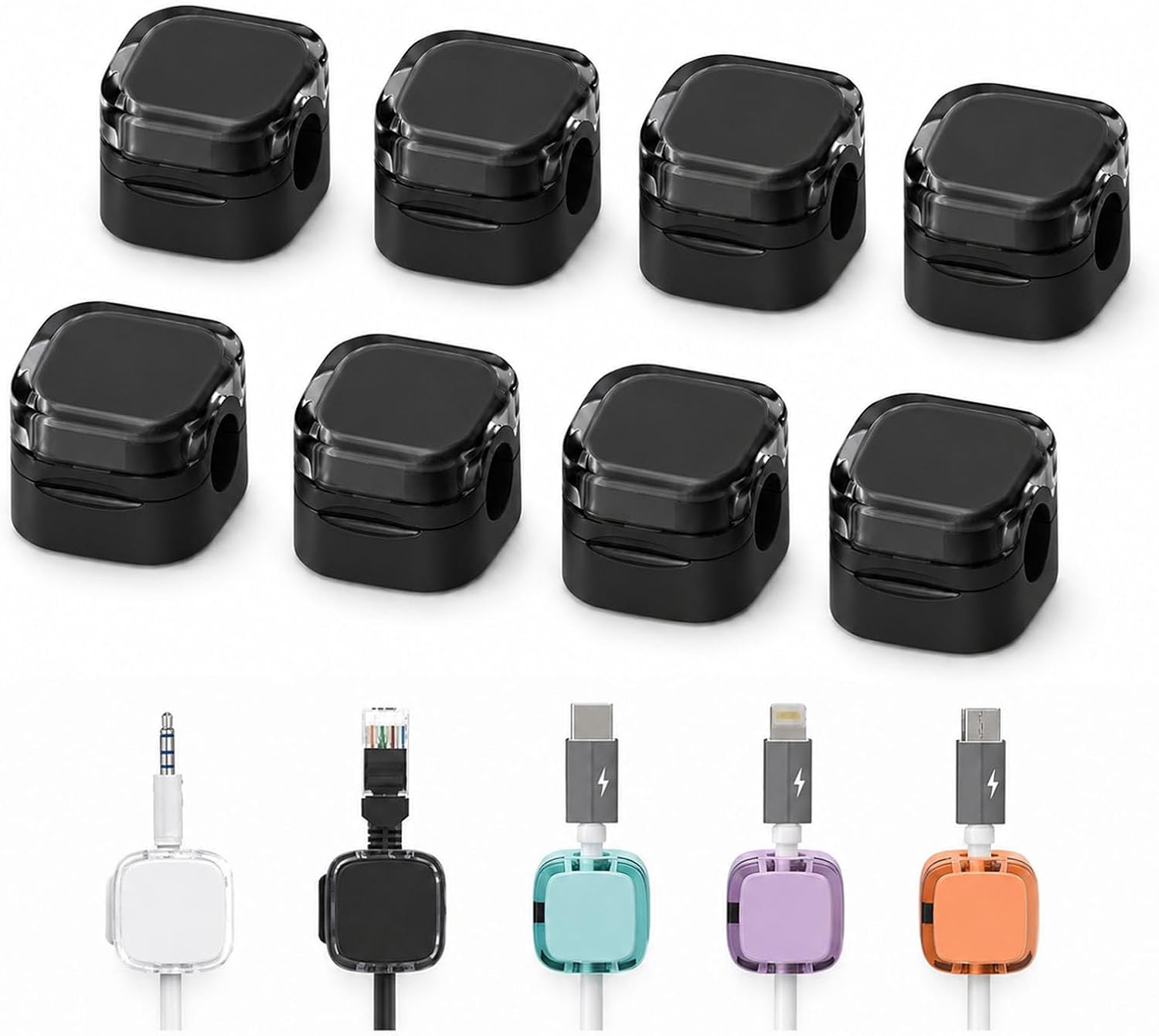 Cable Clips Cord Wire Holder Magnetic Elastic Adhesive 8 Pcs, Black