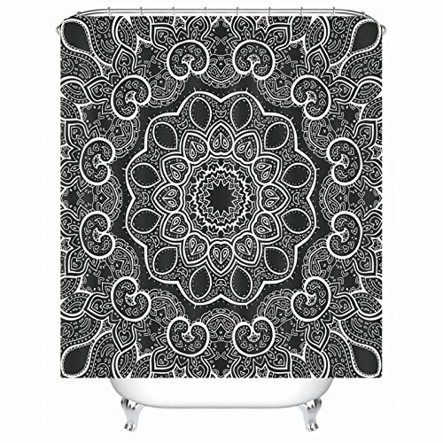 EHOMERY Duschvorhang Schwere Qualität Duschrollo Mit Motiv Blumenrebe Polyester Schwarz-Weiss Rostfreie Ösen Und 12 Hakenringe, 90X180Cm