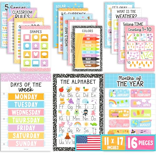 Image of Hadley Designs 16 Educational Posters for Classroom Decor - Learning Posters for Toddlers 1-3, Alphabet for Classroom Wall, Daycare Essentials, Homeschool Posters Preschool, Pastel Playroom Decor