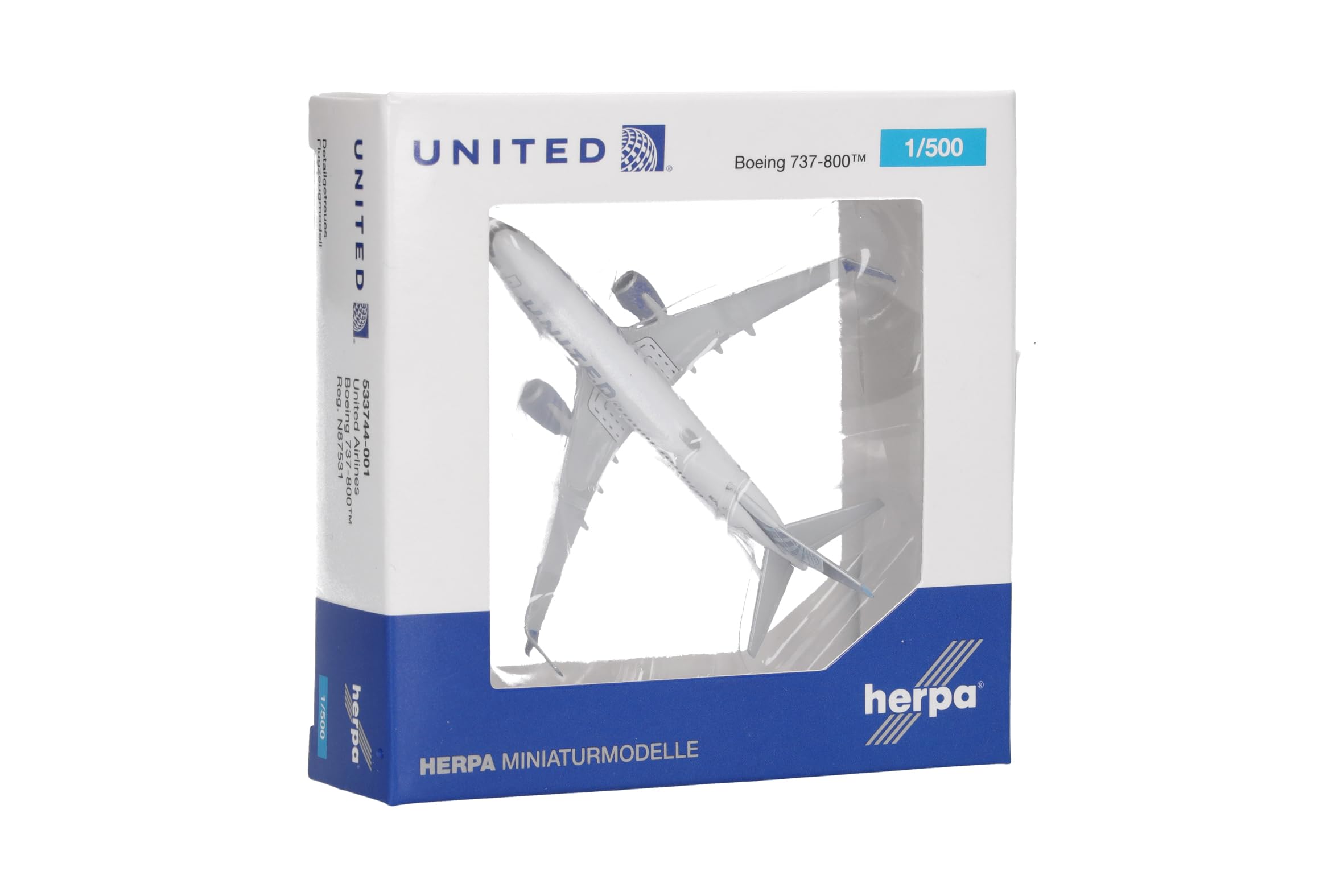 Herpa Modellino aereo United Airlines Boeing 737-800, miniatura scala 1:500, pezzo da collezione, modello senza supporto, metallo