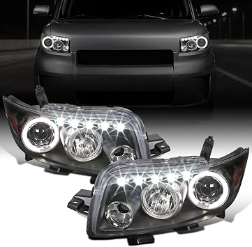 Ronnin - Fits 2008-2010 Scion xB Upgrade LED Halo Rims Running Lights Projector Headlights Assembly Pair | Black